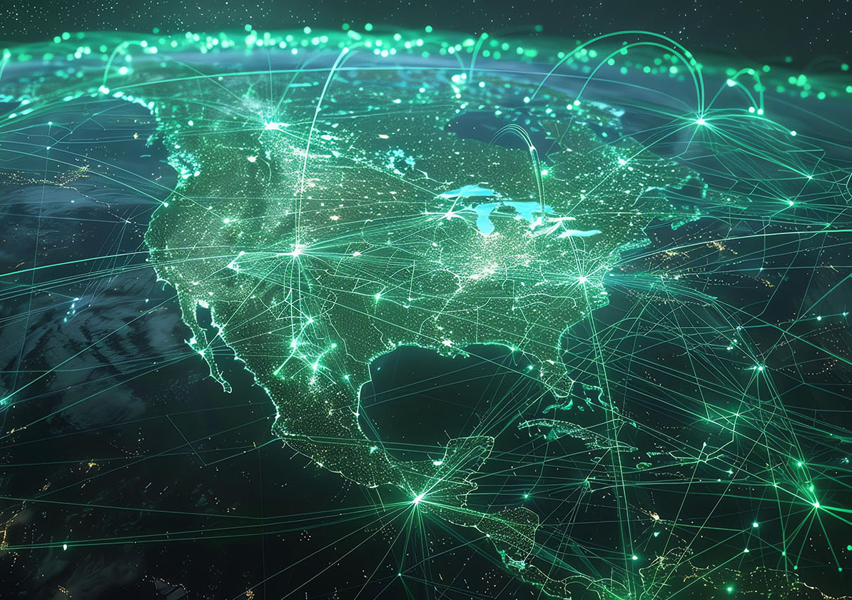Conceptual image of flight paths above North America