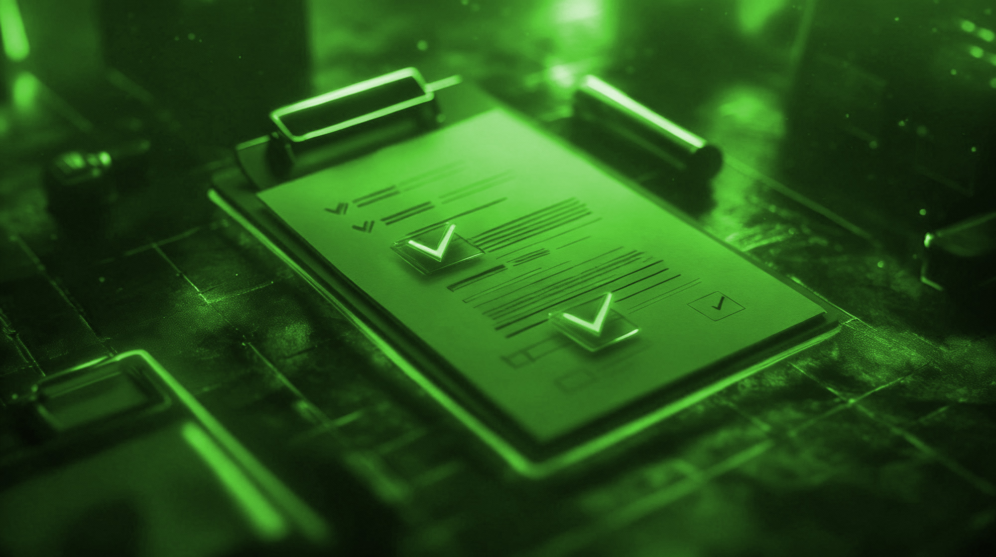 A clipboard holding a document with floating 3d checkmarks on it, on top of a flat circuit board
