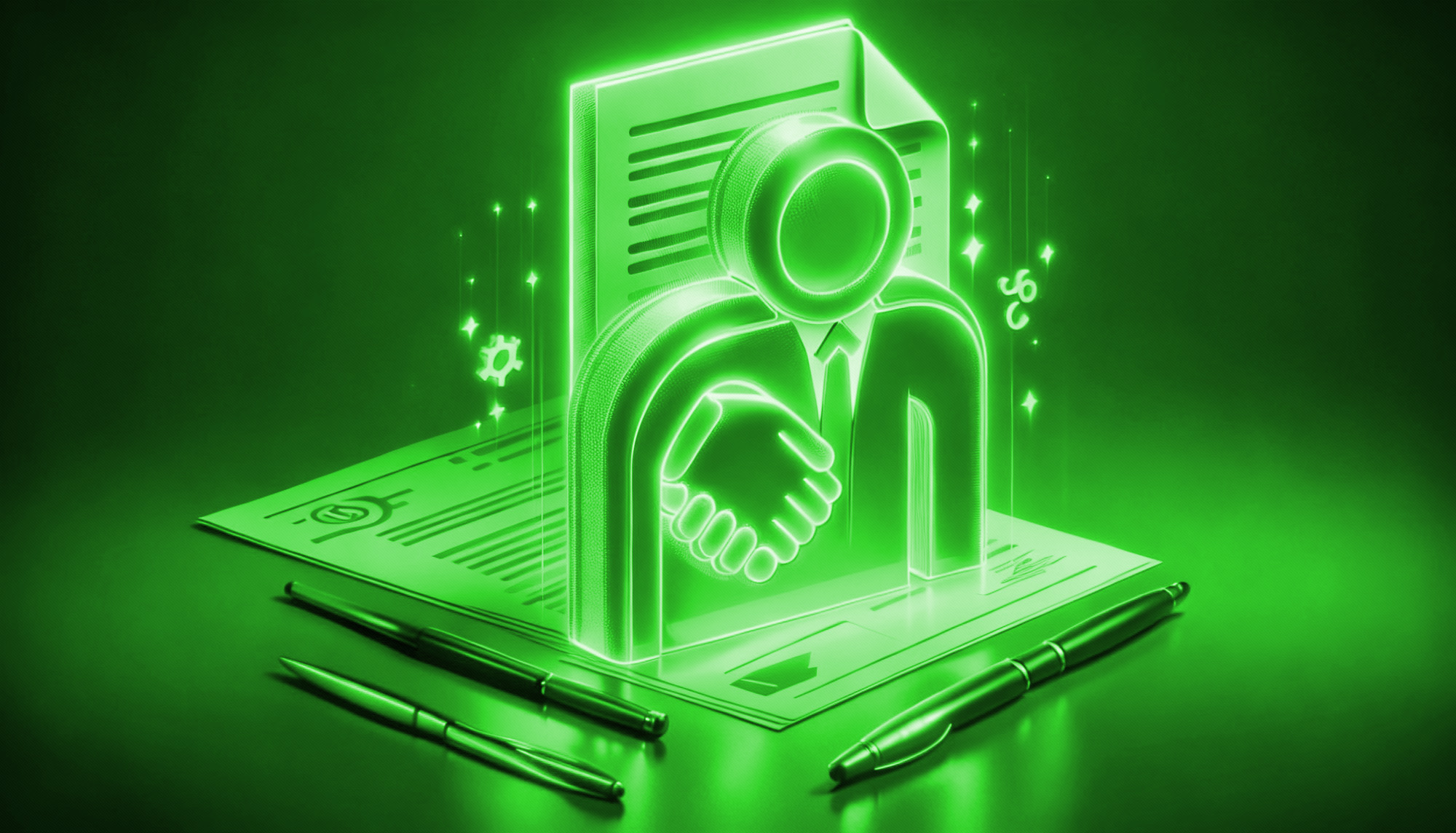 A simplified, stylized person in a 3d Hologram floating above a document with pens around it